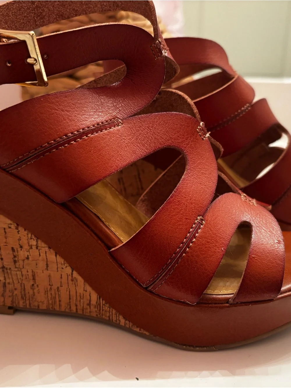 Material Girl Cognac Wedge Sandals with Cork Platform
